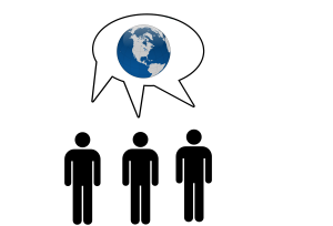 A pictogram of three people with a shared speech bubble, within which is an image of the Earth.