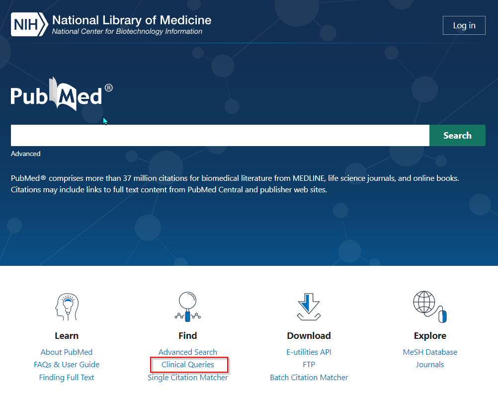 Screenshot of PubMed, Clinical Queries link highlighted.