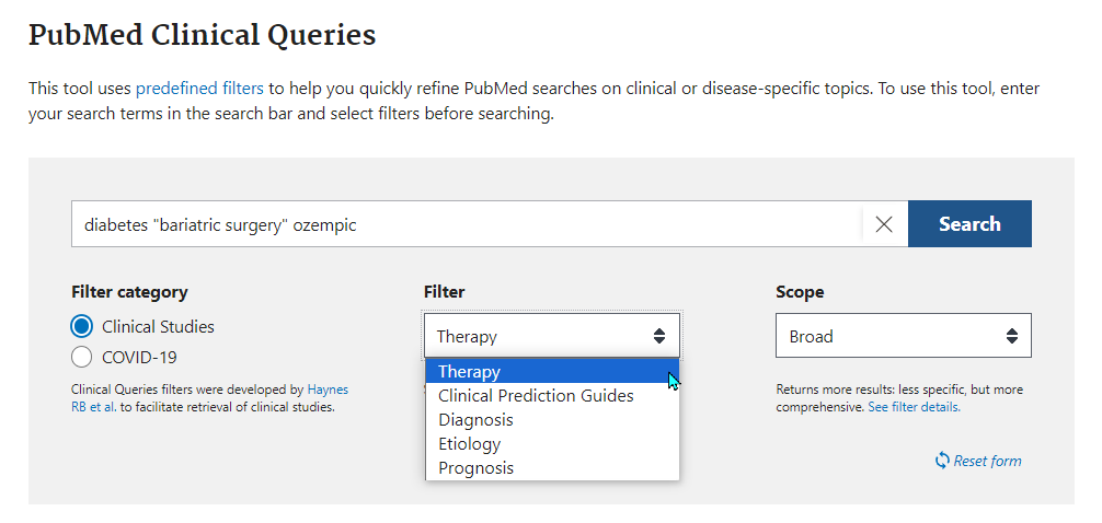 Screenshot of PubMed Clinical Queries, demonstrating selecting 'Therapy' filter from drop-down Filter options.