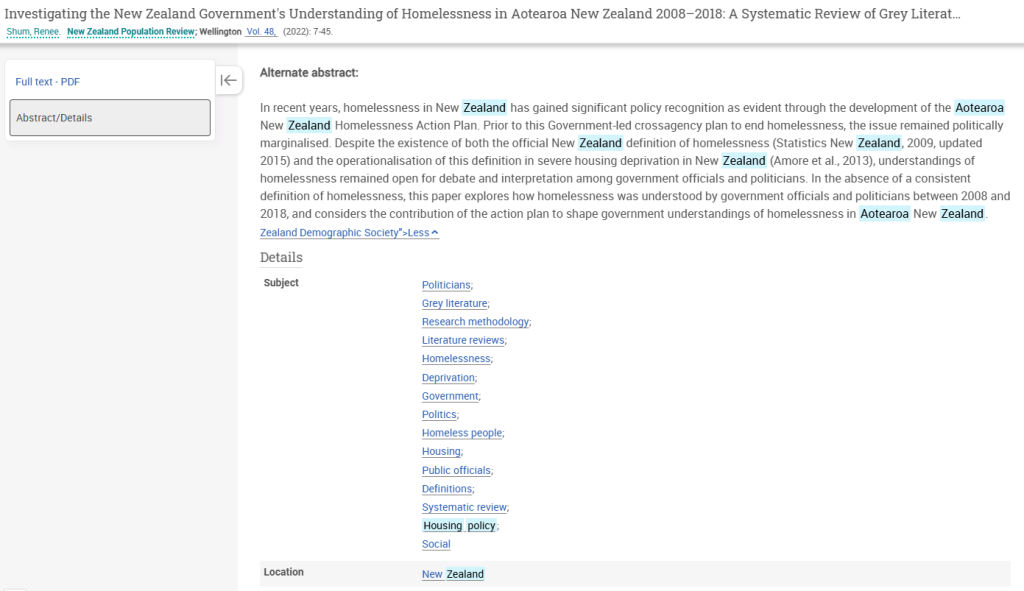 A screenshot of a research article details page showing the subject headings.