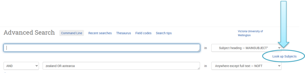 Screenshot of an advanced search screen. There are fields for entering search terms with dropdown menus to specify subject headings and Boolean operators. A blue arrow points to a button labeled "Look up Subjects" on the right side.