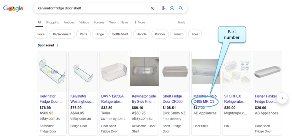 A Google search results page for "kelvinator fridge door shelf" showing various replacement parts. Results include images and prices of different fridge door shelves from various sellers. A blue callout box highlights a specific part number, "C405 MR-C3," from the seller AB Appliances.