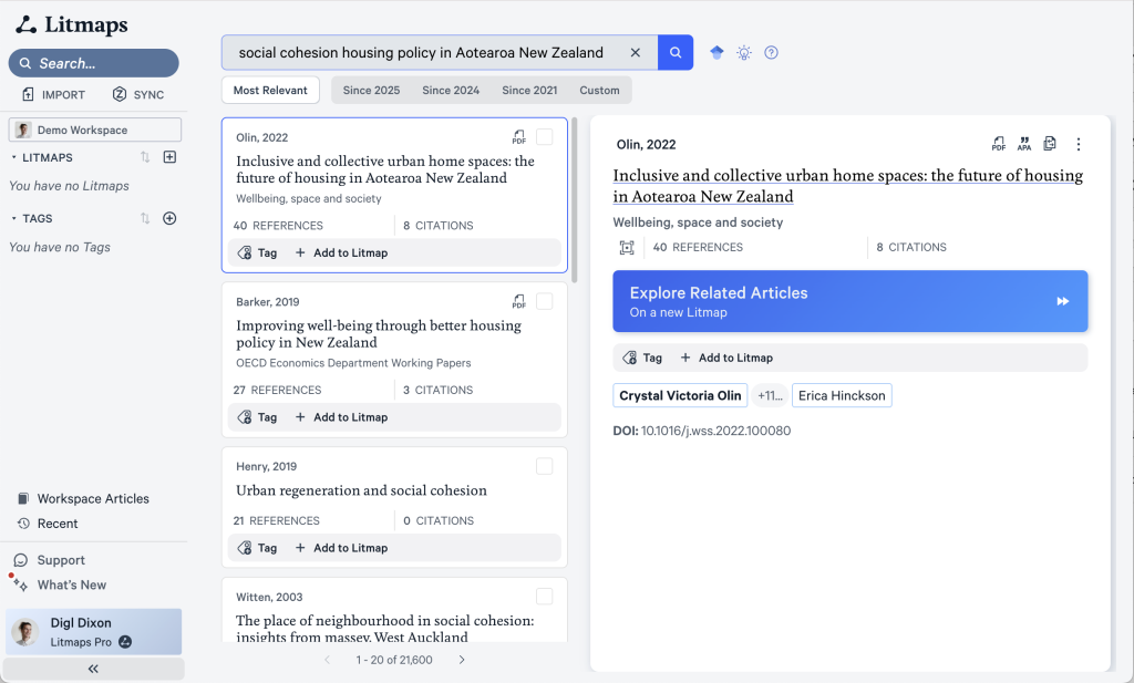 Litmaps search for topic, “social cohesion + housing policy in Aotearoa New Zealand"