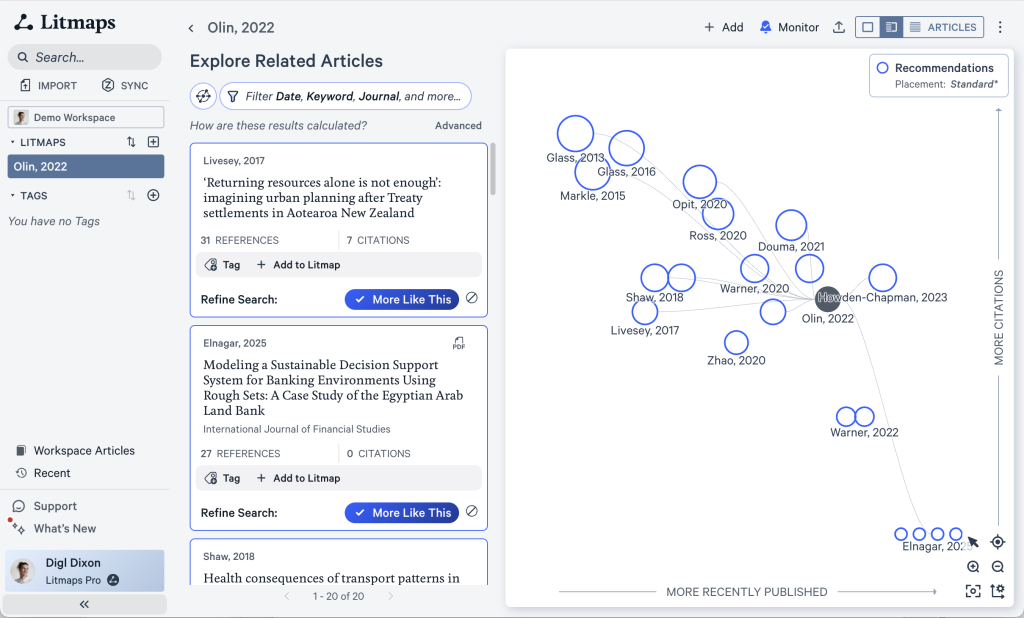 Litmaps search showing results from using the Explore Related Articles button