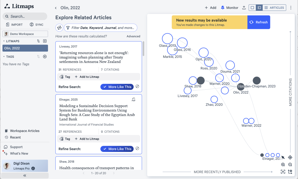 Litmaps search results showing results from clicking “More Like This” on several of Litmaps’ suggestions