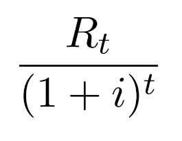 A fraction. The numerator is R to the base of t. The denominator is open parenthesis 1 plus i close parenthesis to the power of t