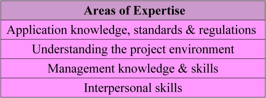 专业领域：应用知识、标准和法规； 了解项目环境； 管理知识和技能； 人际交往能力