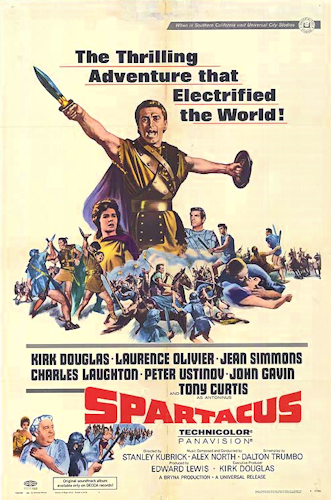 A colourful movie poster for the 1960 film Spartacus. The central figure is Spartacus, played by Kirk Douglas, holding a sword and raising his arm triumphantly. Behind him, a large army of Roman soldiers fills the background, conveying the scale of rebellion. The title 'Spartacus' is prominently displayed in bold red letters at the bottom.