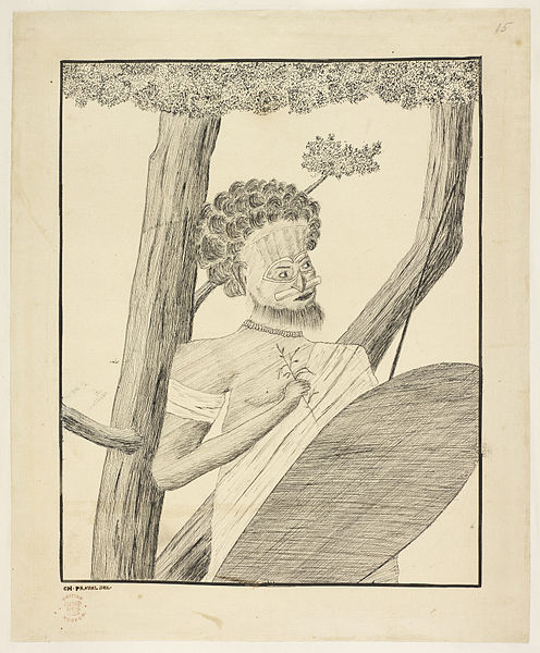 A sketch drawing depicts an Indigenous person of Australia standing close to a tree trunk. The Aboriginal or Torres Strait Islander person depicted has tight curly hair not dissimilar to a wig from the period of the drawing (such as a Queen or Kings Counsellor would use in a court room today). He appears to be wearing a mask with an object through the nose (a bone perhaps) and is draped in cloth in a Romanesque style holding a small tree twig with leaves in one hand and what appears to be a shield in the other. The incongruence of the imagery illustrates to the viewer that the artist could only interpret this person through their previous understandings of human culture such as Ancient Roman).
