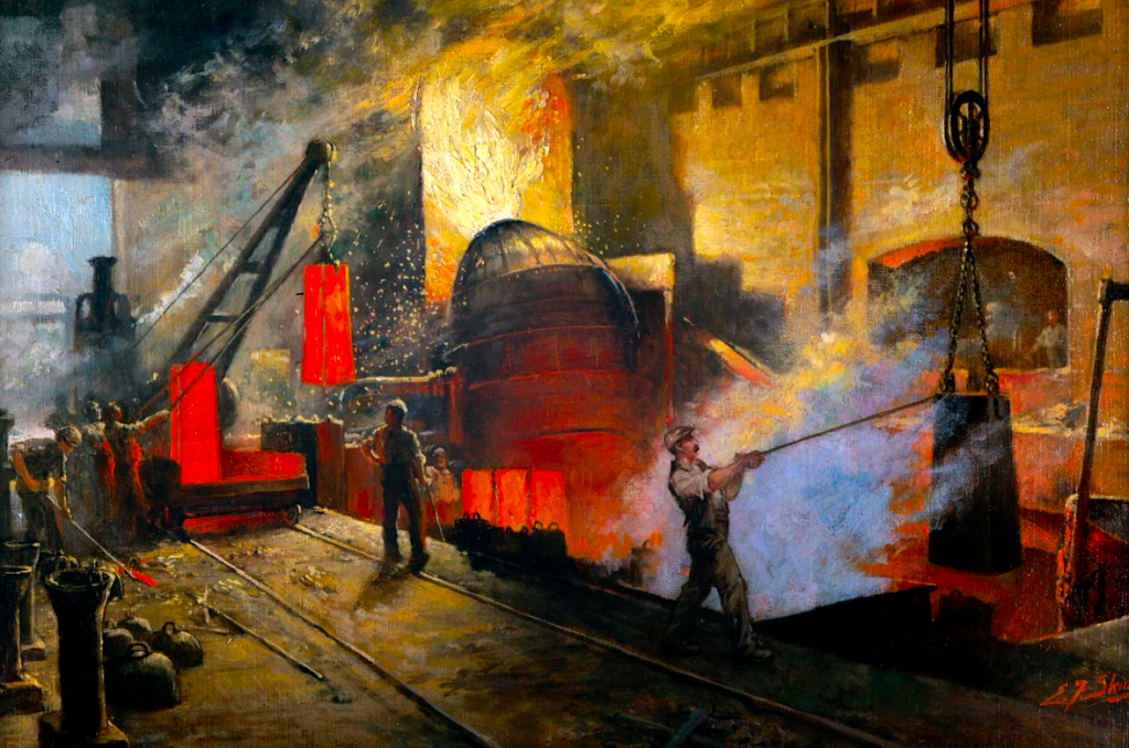 An oil canvas painting with rich colours illustrates super heated furnices with red glowing metal and men undertaking heavy dangerous work in processing the metal.
