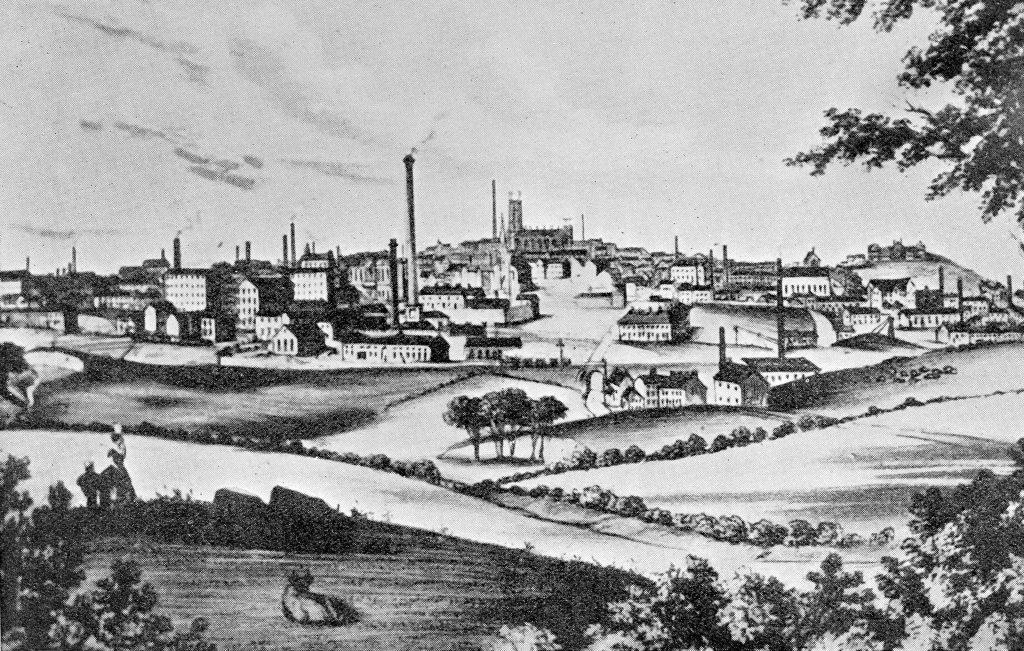 A black and white hand drawn sketch depicts country fields being transitioned into increasingly urban manufacturing. The industrialisation is depicted with smoke stacks with smoke coming out of them. It appears to be trying to be replication of a community in transition.