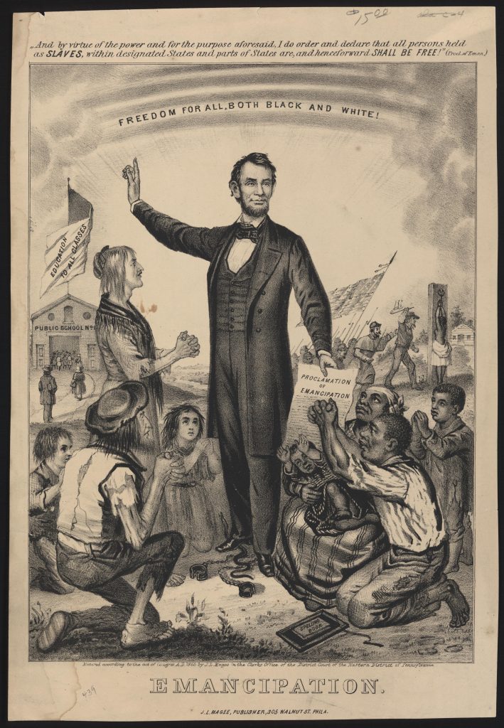 This image depicts Abraham Lincoln (16th President of the United States 1861-1865) who supported the emancipation (liberation) of America’s slaves and the abolishment of slavery via his Emancipation Proclamation during the American Civil War in 1863. It presents him in the centre as taller than everyone else in the drawing (some depicted on their knees) as admired on the left by characters who look to be British descendants and on the right by characters who appear to be African American slaves (or ex-slaves).