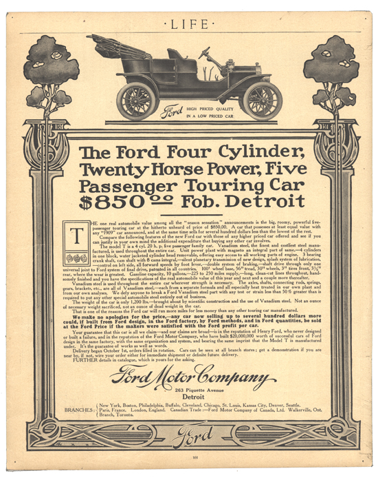 What looks like a one page newspaper advertisement presents details regarding Ford's Model T. There is a drawing of the car and the feature text points out that it is "High priced quality in a low priced car" there are then many paragraphs detailing the attributes of the vehicle.