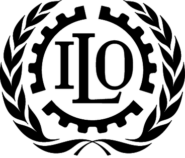 Logo of the International Labour Organization. The logo is circular with a wreath of leaves around the outside. The center of the logo has the letters “ILO” in a bold serif font. The letters are surrounded by a gear-like border. The logo is black and white.
