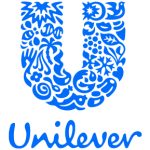 The Unilever company logo is a large U comprises of lots of different shapes. The word Unilever is written in cursive font in the same colour blue underneath the large U shape.