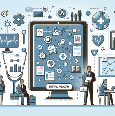AI generated image that graphically represents many concepts of digital health on and around a digital monitor screen. For example checklists, stethoscopes, computer monitors with line charts and health metrics. Four people are also included with two standing and two sitting.