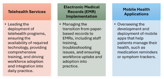 Three columns shown side by side. First column is labelled as Telehealth services. Second column is labelled as Electronic medical records (TMR) implementation. Third column is labelled as Mobile health applications.