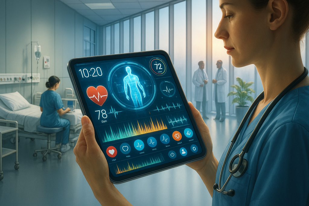 AI generated image of a doctor or nurse standing in a hospital ward and holding a device that shows a patient's health indicators. For example heart rate and blood pressure.