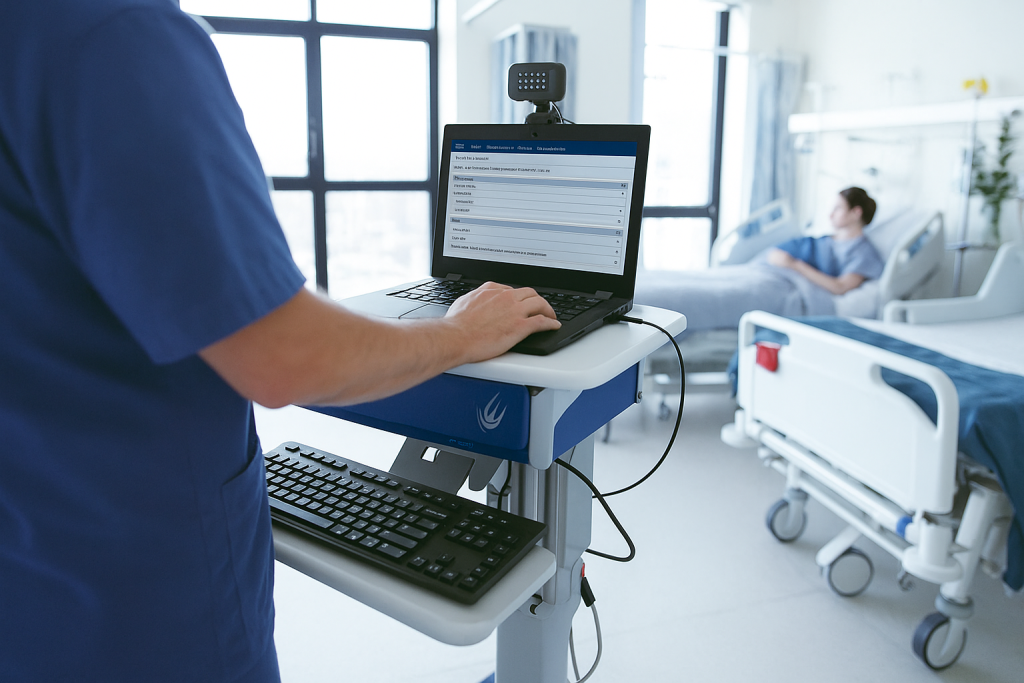 Health worker shown looking at a laptop screen on a portable workstation in a hospital ward setting.