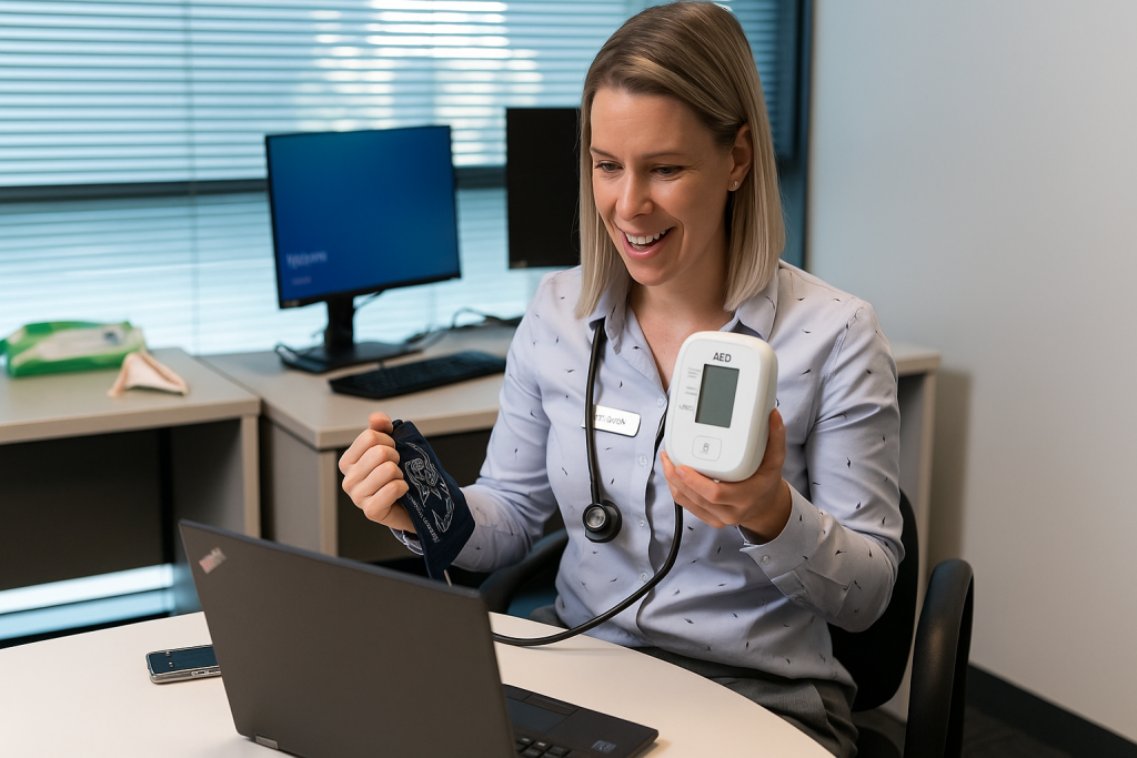 Female health worker wearing a stethoscope and holding a blood pressure monitor while looking at a laptop screen.