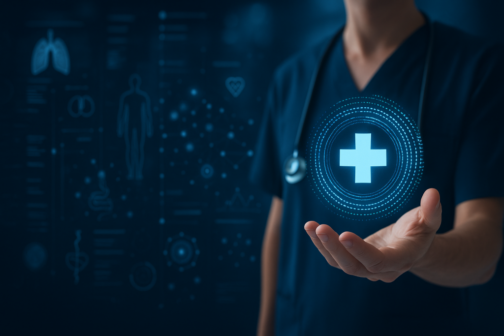 Health worker standing with one hand out. AI generated circle with a health cross is shown inside the circle and hovering above the person's hand.