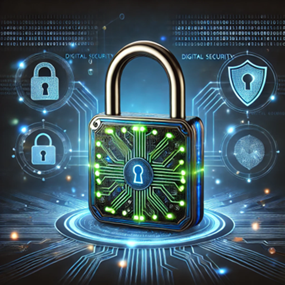 AI generated vision of digital security featuring a large closed padlock in the centre of the graphic. Other stylised versions of padlocks are surrounding the main padlock with digital code and circuits displayed in the background of the graphic.