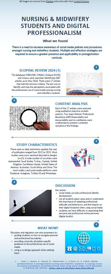 Infographic summarising the elements of a digital professionalism study. Five different outcomes are summarised with decorative accompanying graphics. The elements included are: Scoping Review 2024; Content Analysis; Study characteristics; Discussion; What now?