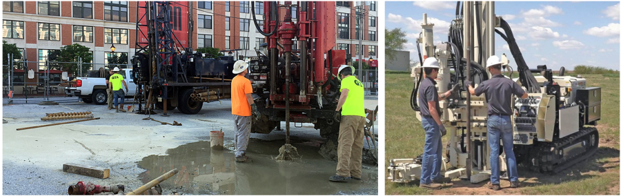 (Left) Photograph of two drilling rigs equipped with SPT testing gear. One of the drilling rigs is drilling a borehole, as evidenced from the drilling fluid, while the other rig is performing a SPT test. A rope used to pull the SPT hammer is lying next to the second rig. (Right) A mini drilling rig on tracks equipped with an automatic SPT system parked in the middle of an open field on a sunny day.