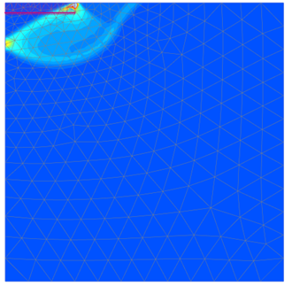 Incremental deviatoric strain contours depicting the failure surface. A log-spiral failure surface develops, and is entirely contained within the boundaries of the model.