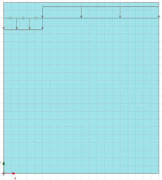 Geometry of the model, showing two clusters with dimensions 10 m x 10 m and 10 m x 2 m, with the latter corresponding to the soil above the embedment depth. Both the prescribed displacement and the pressure are deactivated.