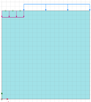 Geometry of the model, showing one clusters with dimensions 10 m x 10 m (the other cluster is deactivated). Both the prescribed displacement and the pressure are active now.