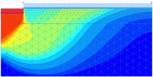 Finite element mesh overlapped with displacement contours. Maximum displacements develop underneath the footing, and the formation of the assumed composite failure mechanism is identified.