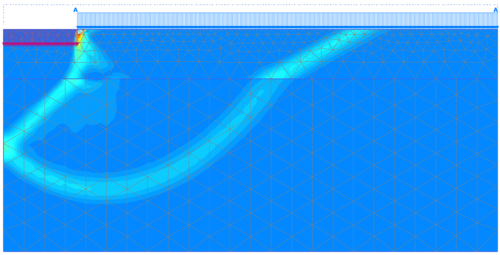 Finite element mesh overlapped with incremental strain contours. The formation of the assumed composite failure mechanism is identified, as shear bands appear as regions of high incremental strains.