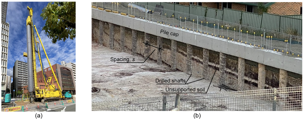 The photograph (a) on the left shows a drilling rig used to construct drilled shafts, featuring an auger about 20 m long. The photograph (b) on the right shows a pile group consisting of drilled shafts connected with a pile cap. The pile group is used to support an about 3m deep excavation. Drilled shafts are spaced at distance s, equal to about 3 shaft diameters.