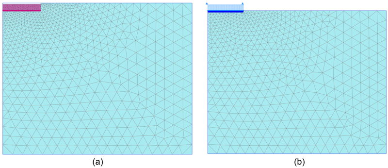 The figure on the left presents the deformed finite element mesh at the end of the simulation with the rigid footing. It is shown that the footing settles uniformly. The figure on the right presents the deformed finite element mesh at the end of the simulation with the flexible footing. Bending of the footing appears to be minimal.