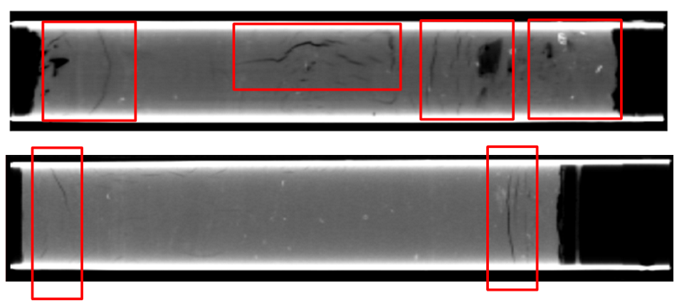 Two CT scan images, one above the other. The top image has four areas of the sample outlined with red rectangles. The bottom image has two areas, one of the far left and one on the far right, outlined with red rectangles.