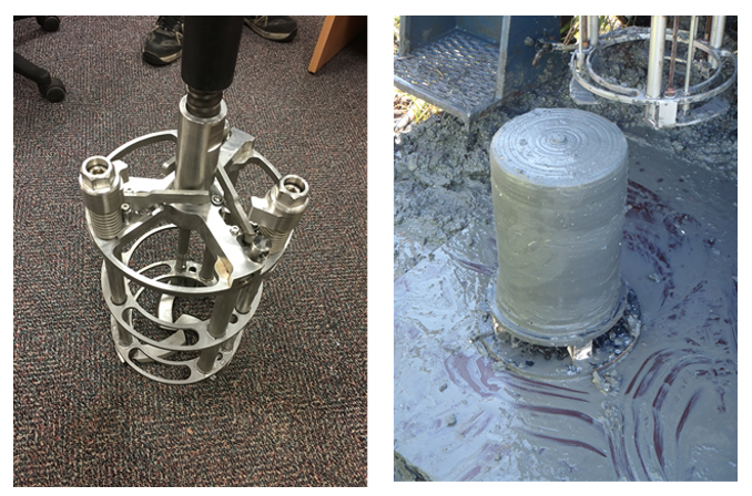 The photo on the left shows a hollow cylindrical metal frame sitting on office carpet, with a shaft in the top centre. The photo on the right shows a solid cylindrical block of clay sitting on wet ground near a sampling rig.