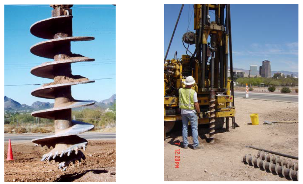 Photographs of large diameter auger on the left, and small diameter auger on the right. The large diameter auger is in close-up, positioned vertically just over the borehole. The small diameter auger is attached to the rig, moving into or out of the borehole. There is a man in a hi-vis vest and hard hat next to the rig watching the operation. There are two more small diameter augers lying on the ground close to the borehole.