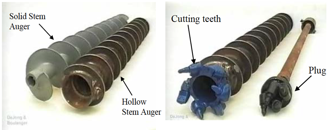 The photo on the left shows a solid stem auger lying next to a hollow stem auger. The solid stem auger shows a core with a small hole in the end, while the hollow stem auger shows a hole the width of the inner shaft. The photo on the right shows blue cutting teeth on the end of a hollow stem auger, next to a plug which is a rod with attachments on each end.