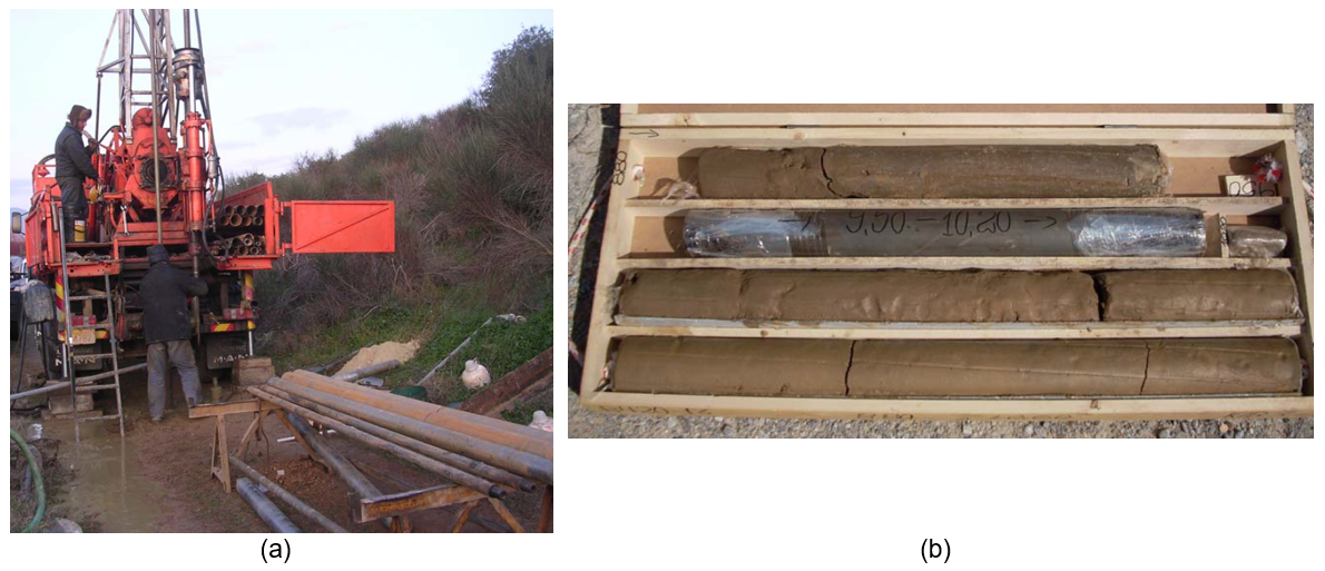 The photo on the left shows an orange drill rig with an operator on the elevated platform. The rig stands on bare ground and there are spare parts lying near it. The photo on the right shows four core samples lying beside each other on the ground.