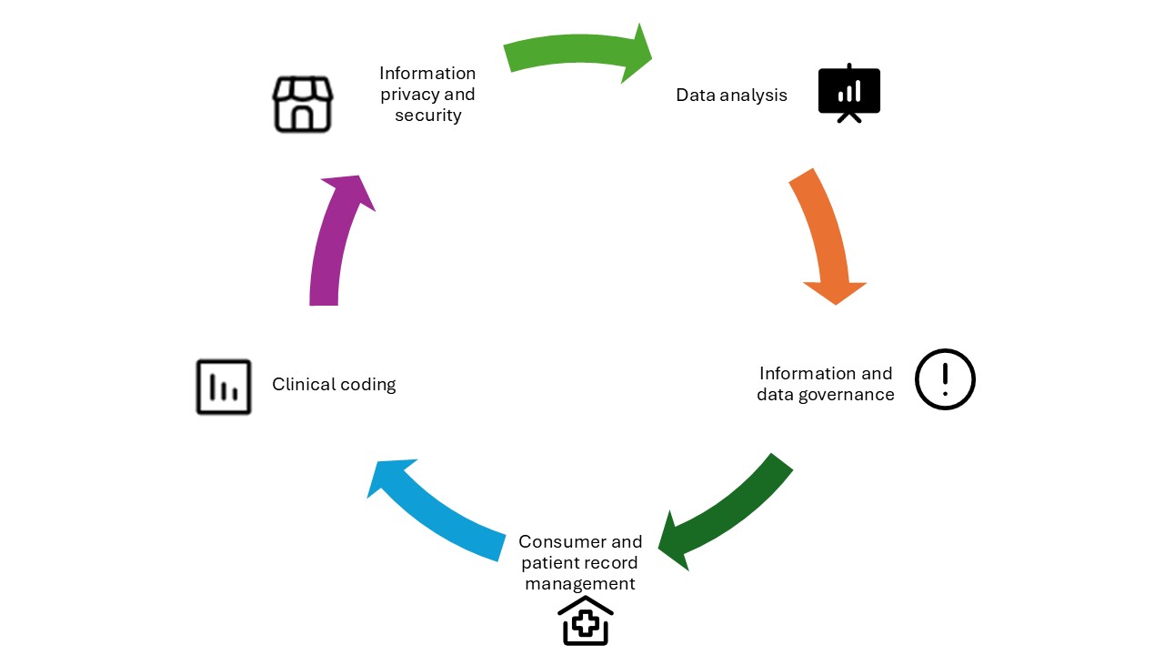 Circular diagram showing a health information management process flow involving privacy, analysis, governance, record management, and coding. Image description available.