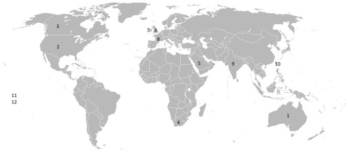 World map showing numbered locations of accreditation bodies for health systems. See table below for key.