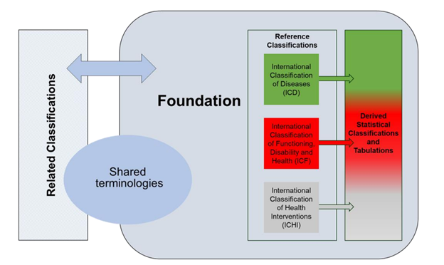 WHO-FIC flowchart showing relationships between Related Classifications, Shared Terminologies, Foundation, Reference Classifications, and Derived Statistical Classifications and Tabulations. Image description available.