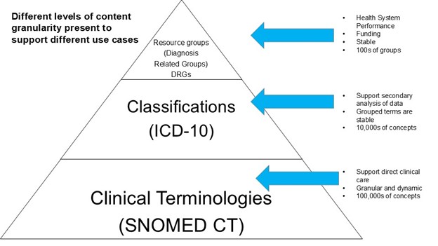 Pyramid of healthcare code sets showing three levels by use case and granularity: DRGs, ICD-10, and SNOMED CT. Image description available.