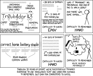 A comic detailing how a random phrase of terms you remember is a more secure option, than random characters you are unlikely to be able to remember.