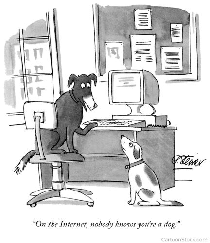 Cartoon of two dogs talking about how on the internet no one knows that they are a dog.