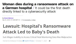 Two headlines from news articles about the deaths of individuals as a result of cyber attacks.