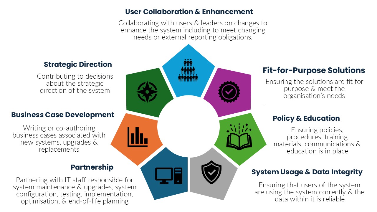 Seven key responsibilities of health information management (HIM) professionals. Image description available.