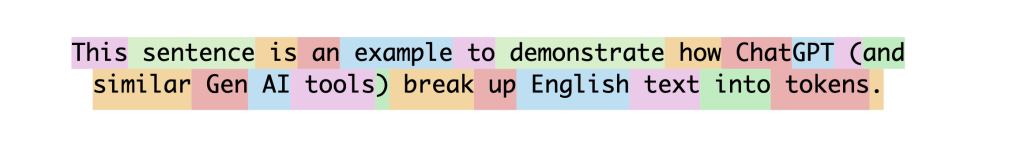 The sentence "This sentence is an example to demonstrate how ChatGPT (and similar Gen AI tools) break up English text into tokens."