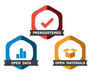 An image of the open science badges that says open data, open materials and pre-registered.